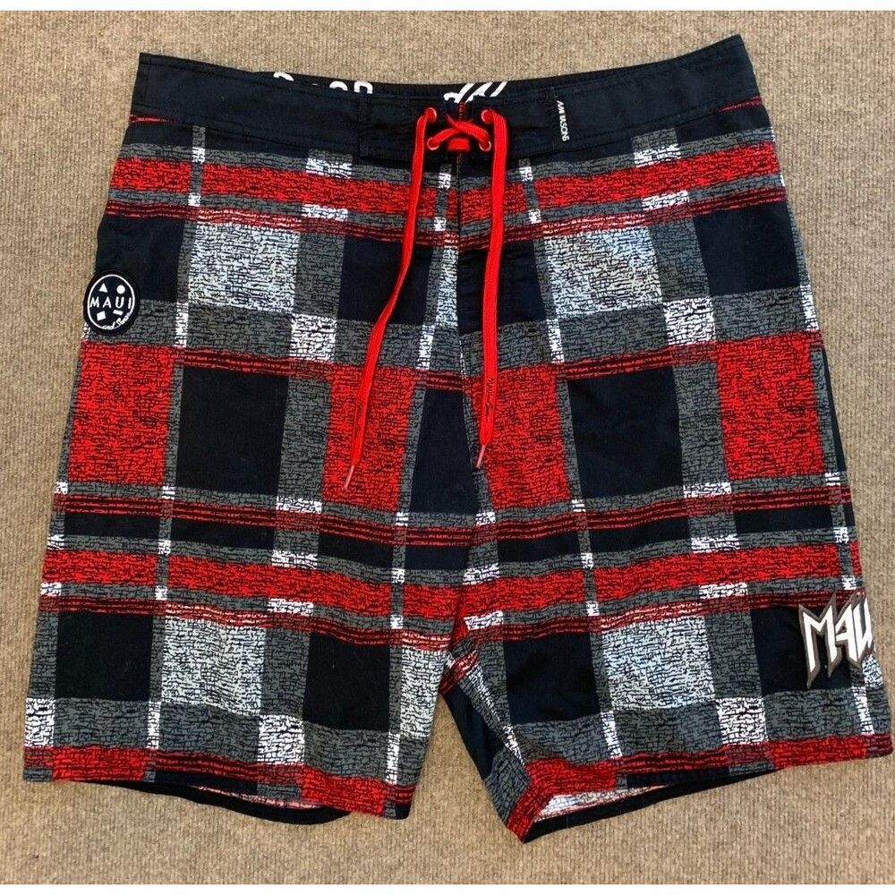 Maui and Sons Board Shorts Mens 38 Embroidered Madras Colorblock Swim Surf Beach